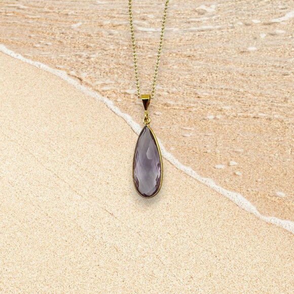 Faceted Amethyst Teardrop Necklace Natural Gemstone Yellow Gold Vermeil - Picture 2 of 11